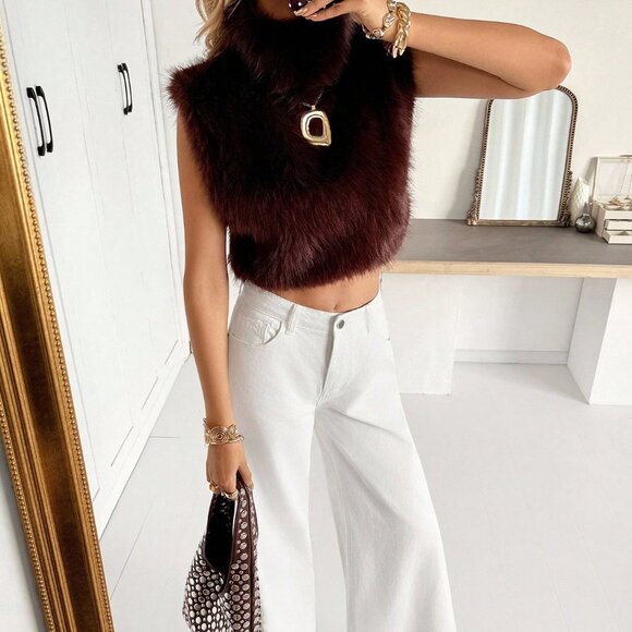 Brown Preppy Women's Faux Fur Turtleneck Cropped Vest Top - Picture 4 of 8
